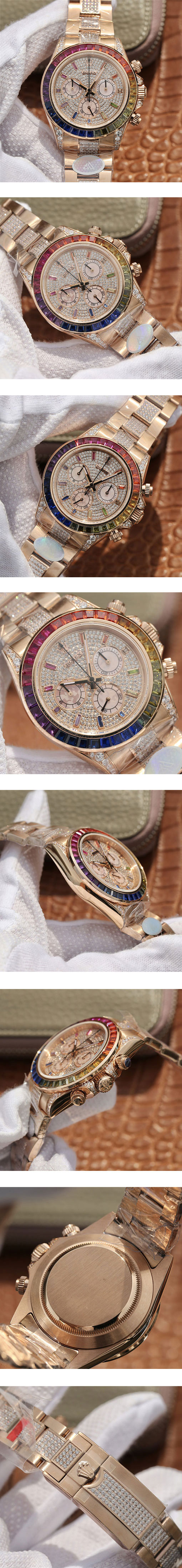 レディース腕時計 ROLEX レプリカ時計コピー デイトナ レインボー パヴェダイヤ 116595RBOW 全面ダイヤ文字盤 7750搭載